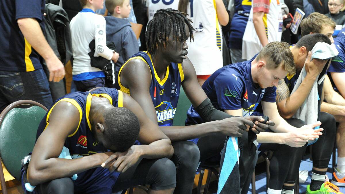 DEFLATING: An emotional Ballarat Miners team take's in its loss to the Nunawading Spectres in the NBL1 premilinary final at the Minerdome. Picture: Lachlan Bence.