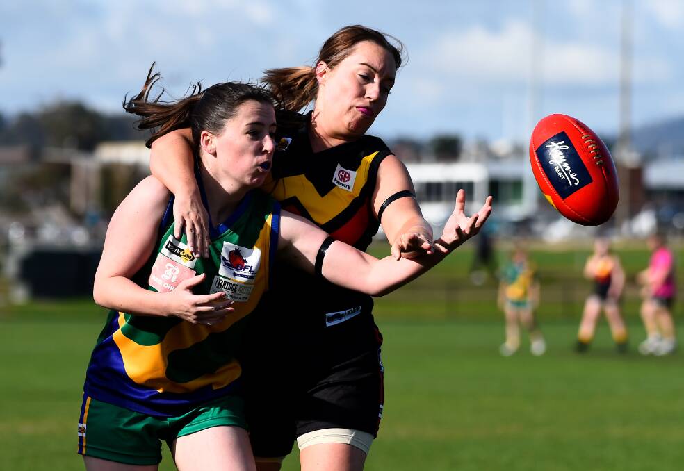 BATTLE: Rebecka Bergman of Bacchus Marsh (right) and Emma Brown of Lake Wendouree (left) compete for the ball. Picture: Adam Trafford.