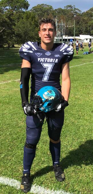 REPRESENTATIVE: Jack Bell with his Ballarat Gridiron helmet at the Australian Junior Nationals series in New South Wales. Picture supplied.