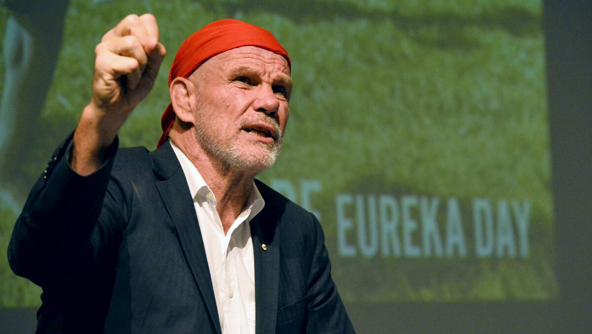 Peter FitzSimons delivering a passionate speech about the Eureka Rebellion and the republican movement. Picture: Dylan Burns 