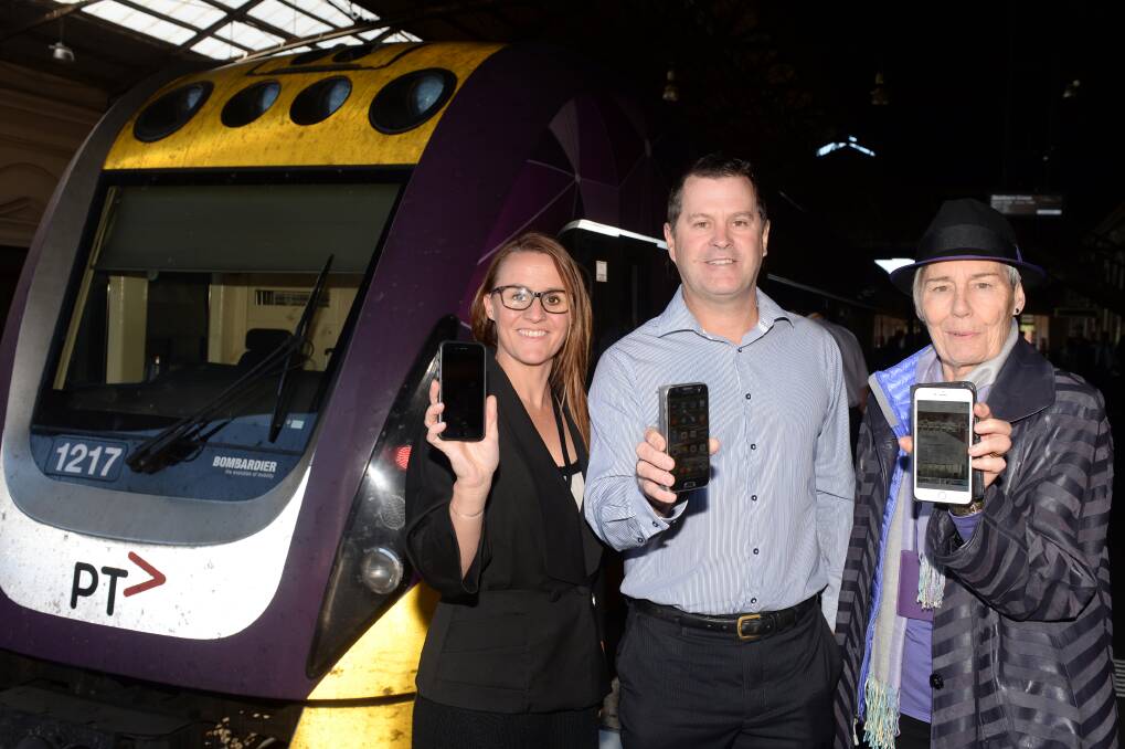 Signal: Committee for Ballarat chief executive Melanie Robertson (left) and chairman Janet Dore (right) with Telstra area general manager Steve Tinker.  Picture: Kate Healy. 