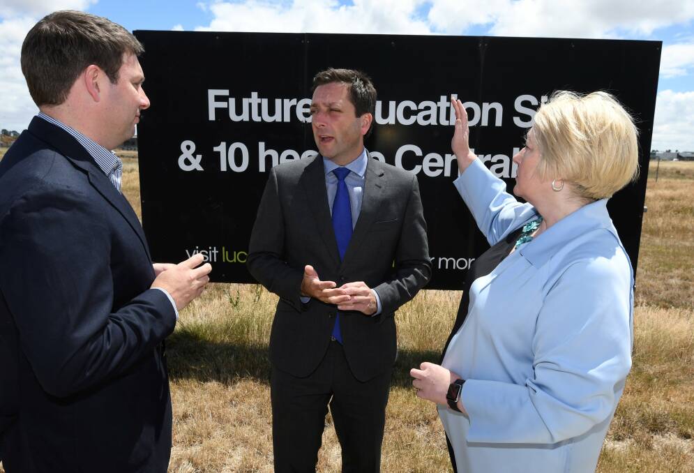 Opposition leader Matthew Guy (centre) with education spokesman Tim Smith and Ripon MP Louise Staley. Picture: Lachlan Bence 