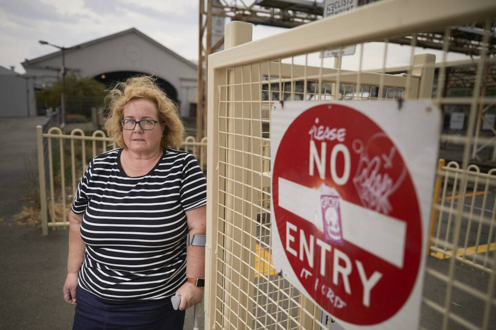 Blocked off: Ballarat commuter Emma Blee requires a crutch to walk and struggles to tackle the stairs across the platforms at the Ballarat Station and says better access is needed. Picture: Luka Kauzlaric   