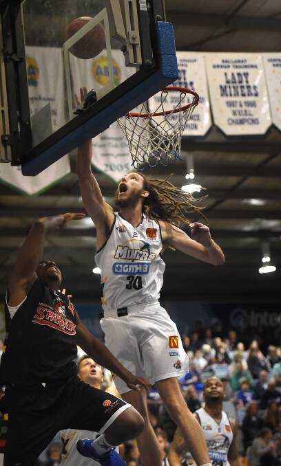 Making the charge: Craig Moller in action for the Ballarat Miners against the Brisbane Spartans on Sunday afternoon.  Picture: Luka Kauzlaric.