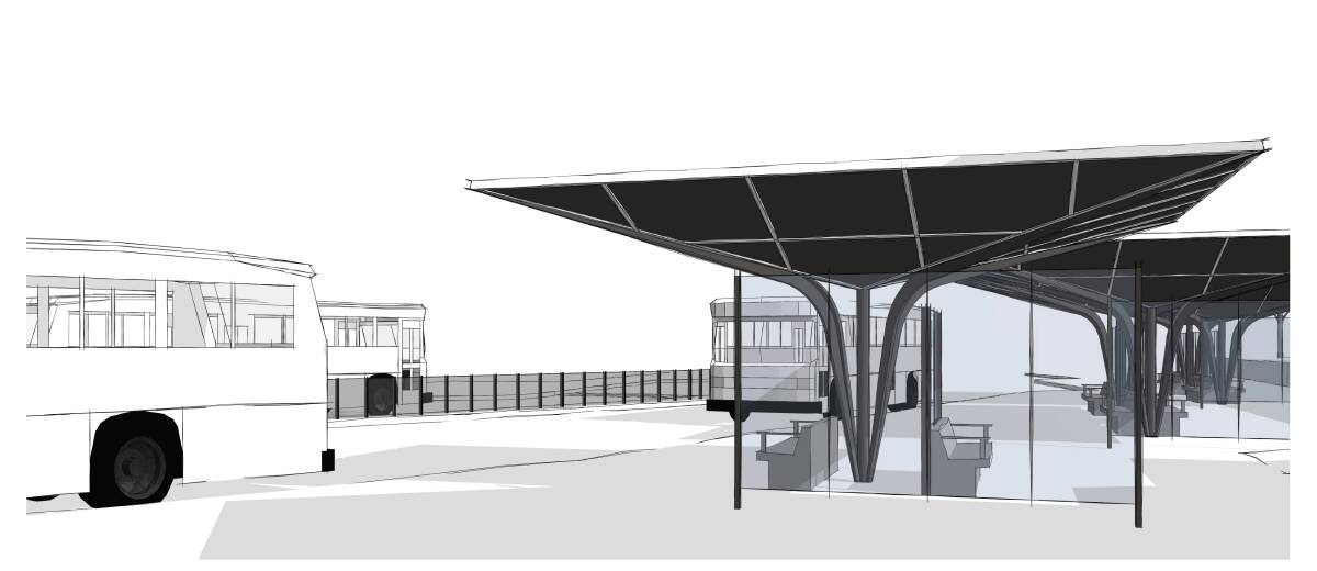 Updated: An artist's impression of the new bus interchange looking east from the station plaza. 