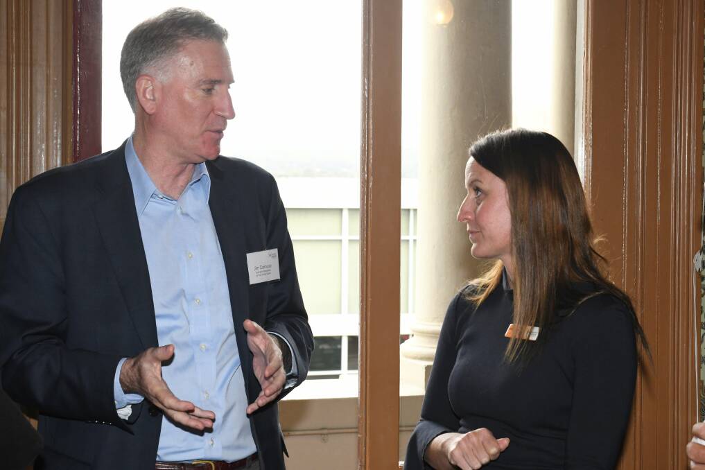 Boosting international trade from Ballarat: Acting United States ambassador to Australia Jim Carouso speaking with Committee for Ballarat chief executive Melanie Robertson at a lunch on Thursday afternoon. Picture: Lachlan Bence 