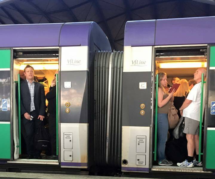 Frustrated: Commuters on Tuesday's 5.51pm Southern Cross to Wendouree service were forced to fit into three carriages instead of six.  Picture: Facebook.  