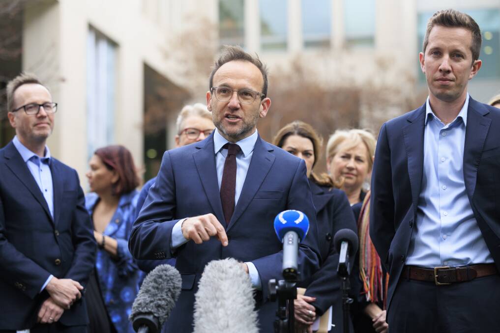 Greens leader Adam Bandt and Max Chandler-Mather. Picture by Keegan Carroll