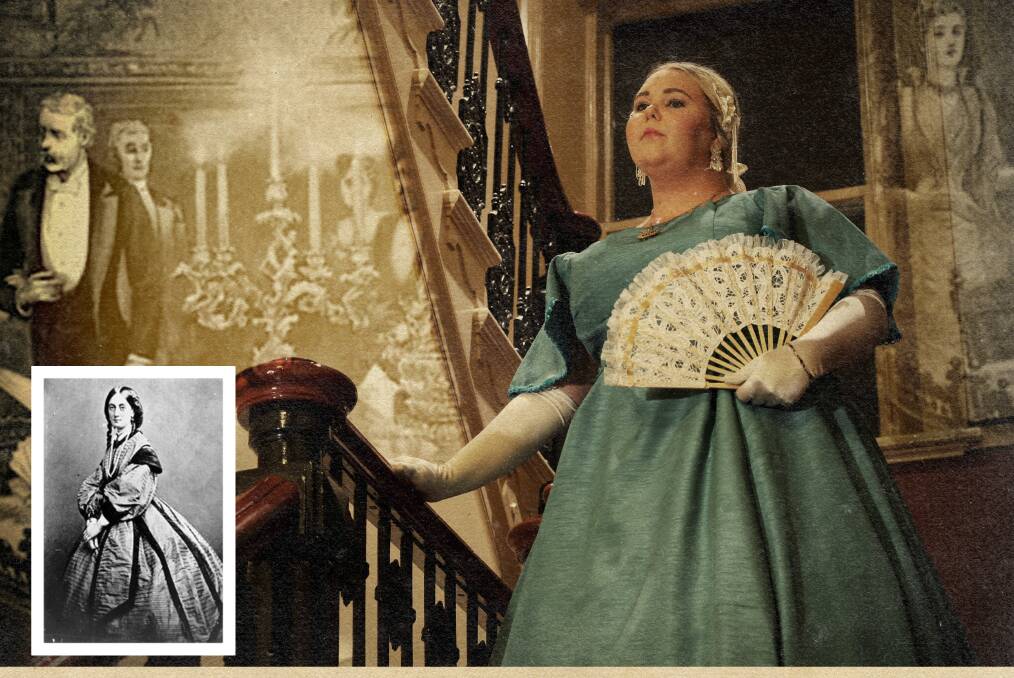 Intrigue and murder: Performer Hayley Beacham in the role of Lady Bowen and (inset) the real lady Diamantina Bowen, exotic wife of the Governor of Queensland.