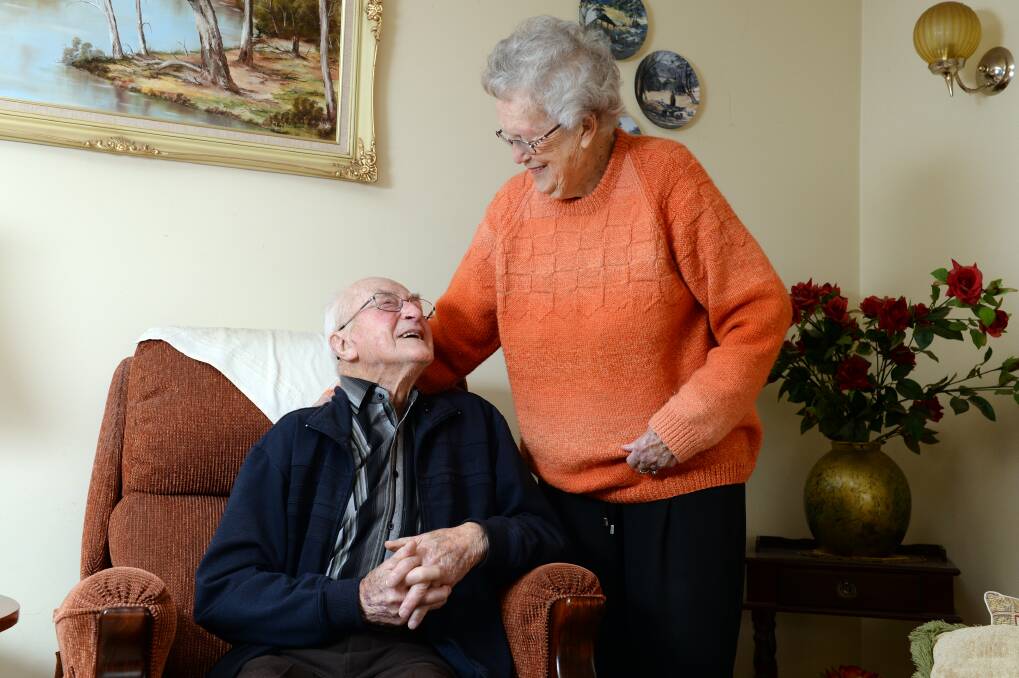 Patience is the key: Cecil and Edna Plumb in their Wendouree home. They have been married for 73 years. Picture: Kate Healy.