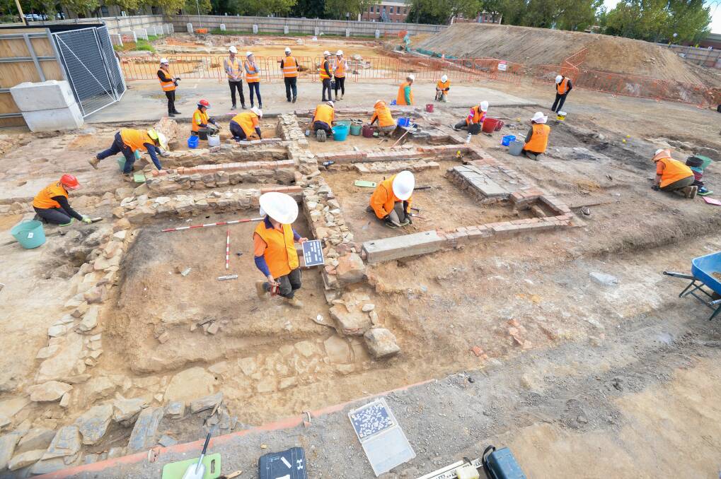 Colonial floorplan: Archaeologists at work in Bendigo, uncovering the old Sandhurst Hotel which was built in the 19th Century. Picture: Darren Howe.