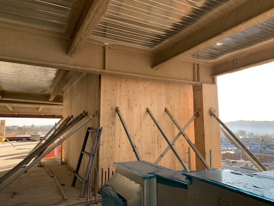 Pre-prepared: Some of the timber construction propped within the GovHub building. Most of the building is made off-site. Picture: Richard Nicholson.
