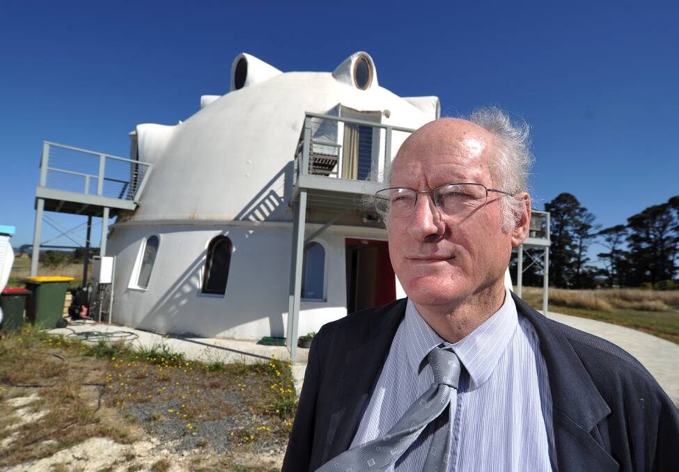Maverick: Tony Clarke outside his 60-square monolithic dome house in Ballan. Picture: Lachlan Bence.