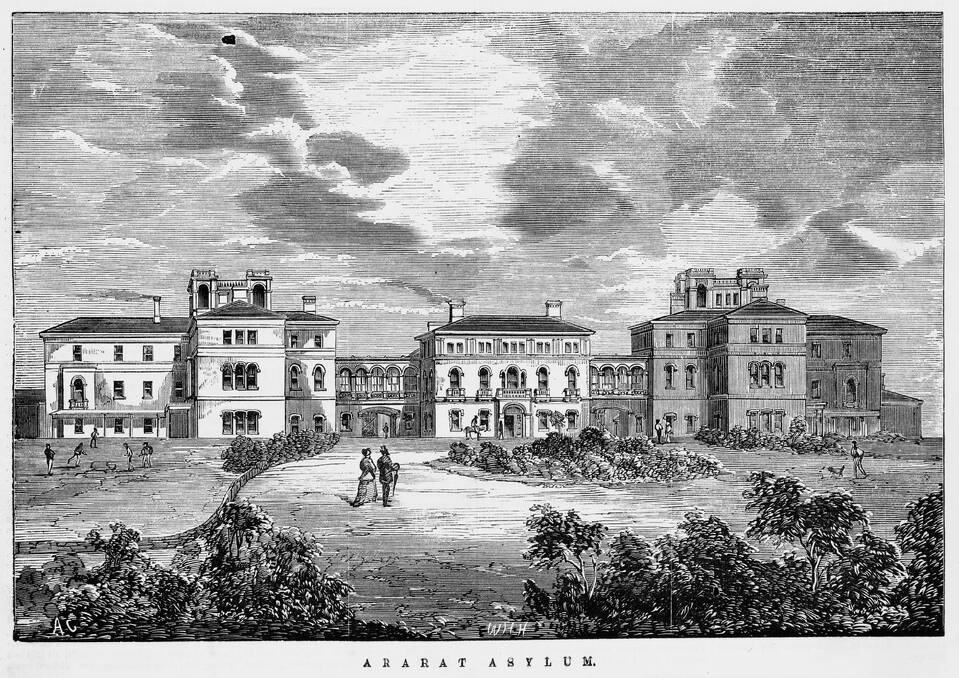 (ABOVE) "Palatial": a contemporary engraving of the buildings and grounds of Ararat Asylum, portraying it as 'idyllic'. A game of cricket takes place on the left. In reality it was a brutal place.