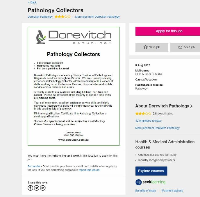 New staff sought: A Dorevitch advertisement loaded yesterday on seek.com.au