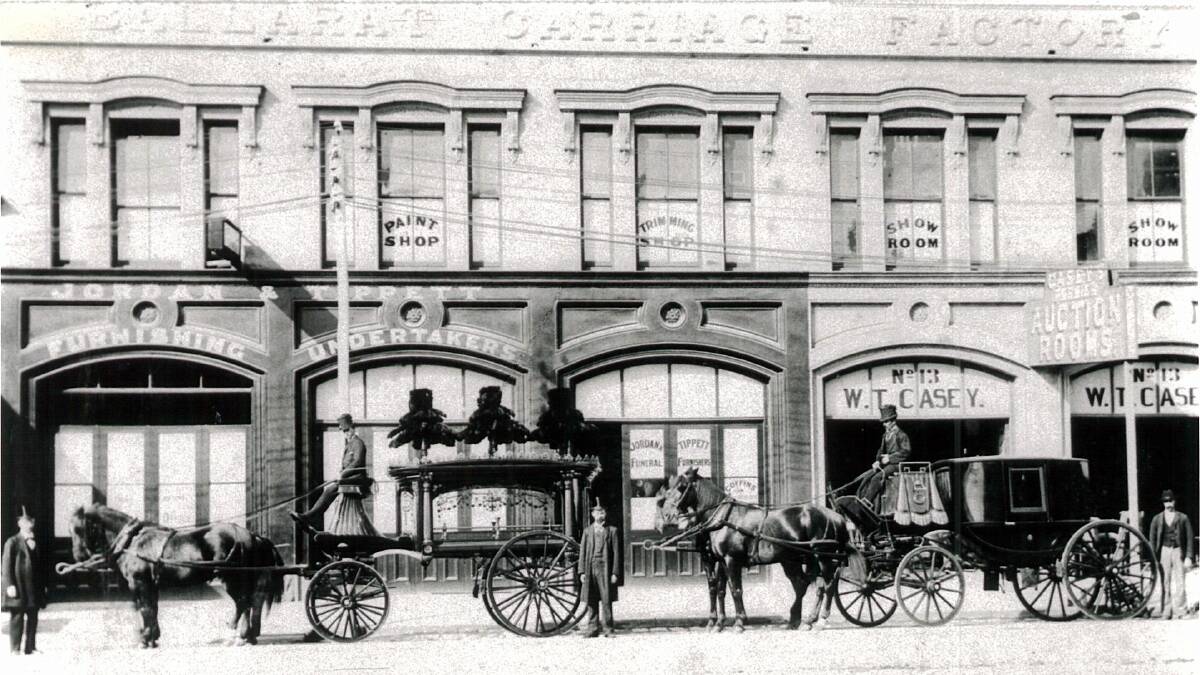 Below: Hearses lined up outside the Ballarat Carriage Factory at the end of the Nineteenth Century. Picture: F.W. Barnes and Sons.