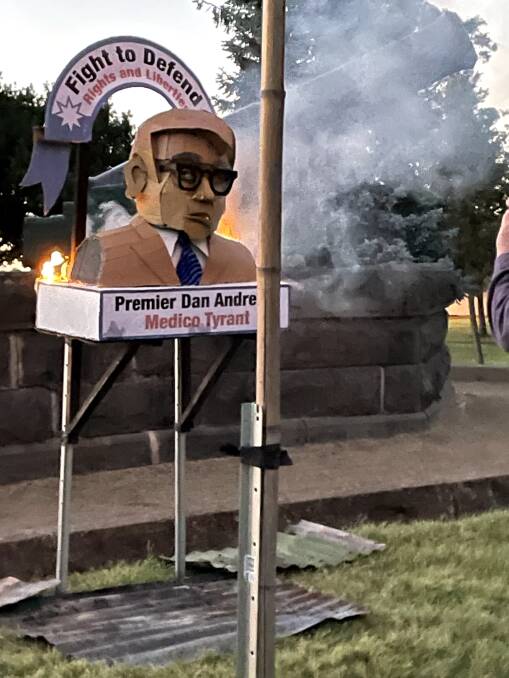 Effigy: the cardboard effigy of Premier Daniel Andrews which caused the split. Picture: Caleb Cluff.