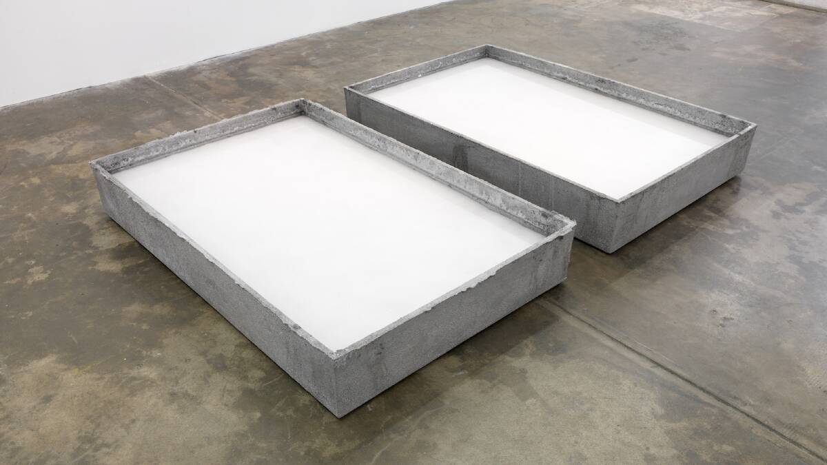 Julia McInerney: The light, and the Light – Virginia Woolf Piece II (two anchors melted down and recast), 2014, cast aluminium, salt, water, 18 x 80 x 120 (x2). 