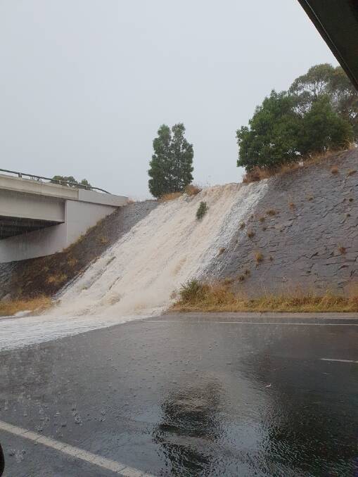 Overflow from the Western Freeway flows into the site in a previous rain event. Picture by Robert Taylor.