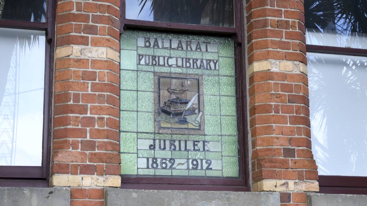 Commemorative window in the former Ballarat East library in Barkly Street. Picture: LACHLAN BENCE.