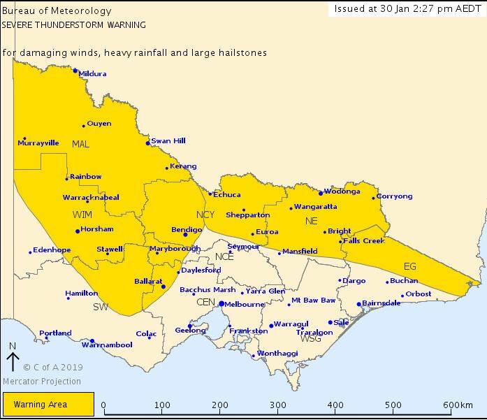 Storm warning: BoM map of areas projected to be affected by storm activity in coming hours.