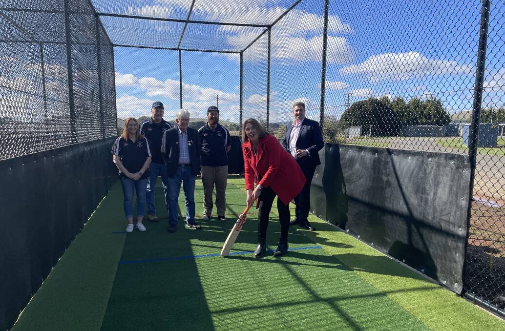 A good wicket: Federal MP for Ballarat Catherine King takes block in the new nets at Newlyn Cricket Club. The permanent nets are a first at the Recreation Reserve and come after years of planning and a federal government/Hepburn Shire grant. Picture: CALEB CLUFF.