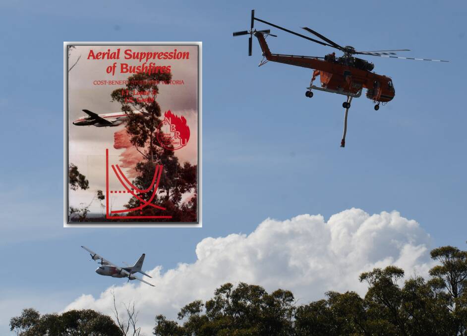 A good use?: Firefighting aircraft in Ballarat in 2018 and (inset) the Project Aquarius report of 1987.