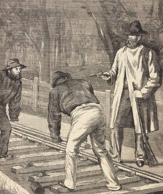 Attempted derailment: Kelly forced railway gangers to tear up tracks in the hope of forcing a police train to derail into a culvert. Picture: contemporary engraving.