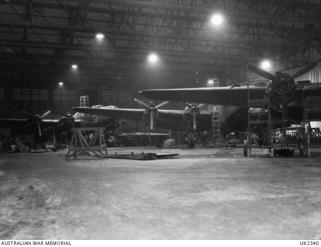 Handley Page Halifax bombers in hangars. Picture: AWM.