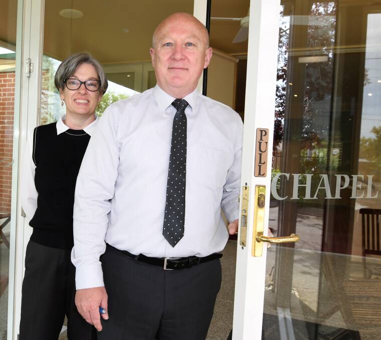 Years of experience from both sides: Maree and Brian Harrison of Harrison Funerals in Ballarat. Brian Harrison was formerly with Victoria Police. Picture: Lachlan Bence.