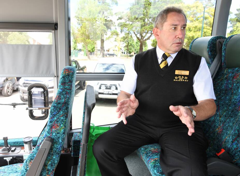 A near thing: Gold Bus driver David Hustwaite recounts the near-miss with young Charlie Lorch on Sunday morning in Buninyong. Picture: Lachlan Bence.