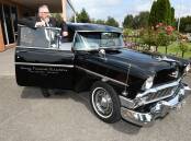 Way to go out: This black 1956 Chevrolet hearse will be one of the vehicles on display in Bridge Mall on the weekend. Picture: Lachlan Bence. 