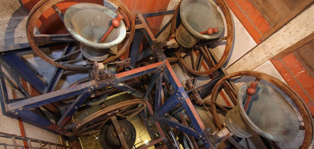 Bells are 'up': these bells inside St Peter's Ballarat are 'up', awaiting the ringers to start them rolling around. Photo: Ed Dunens.