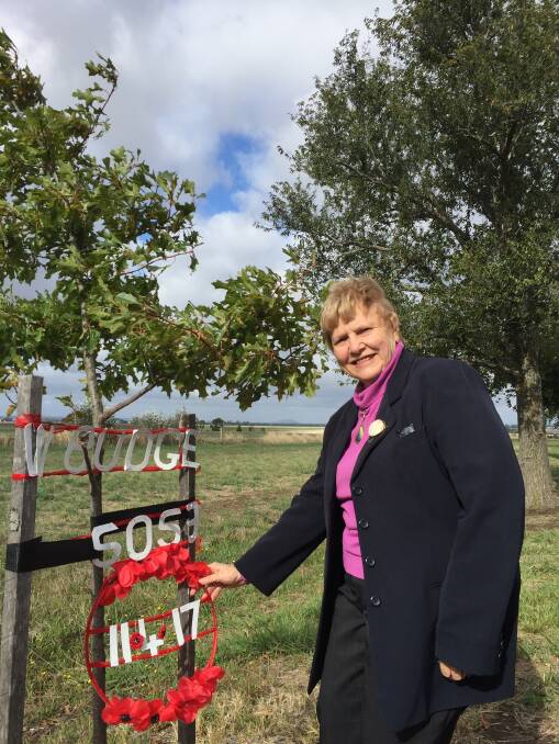 Lost: Ms Manuel at the tree of remembrance for William Budge, who was killed at Bullecourt in April, 1917. William Budge 5053 has no known grave.Picture: Caleb Cluff.
