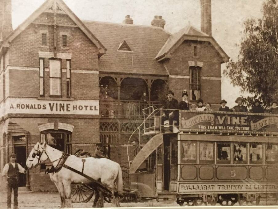 The Vine Hotel: This picture shows the horse-drawn tram which ran past the pub around Lake Wendouree and back into Lydiard Street at the end of the 1800s. Image: The Max Harris Collection, Ballaarat Mechanics' Institute.