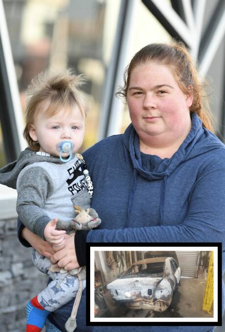 Cruel theft: Sarah Dziunka with her son Lukas, whose birthday gifts were incinerated in the stolen car. (Inset) her stolen Mazda. Main picture: Lachlan Bence.