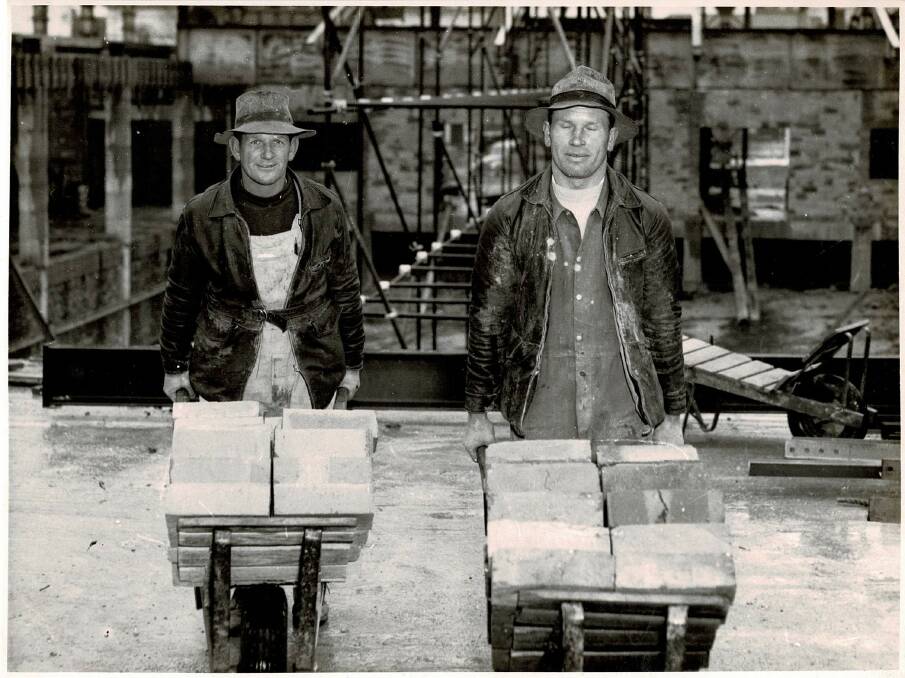 Hard yakka: Chief bricklayer Bob Manton and bricklayer Alec Kawa photographed by The Courier, May 14, 1955. Picture: The Courier.