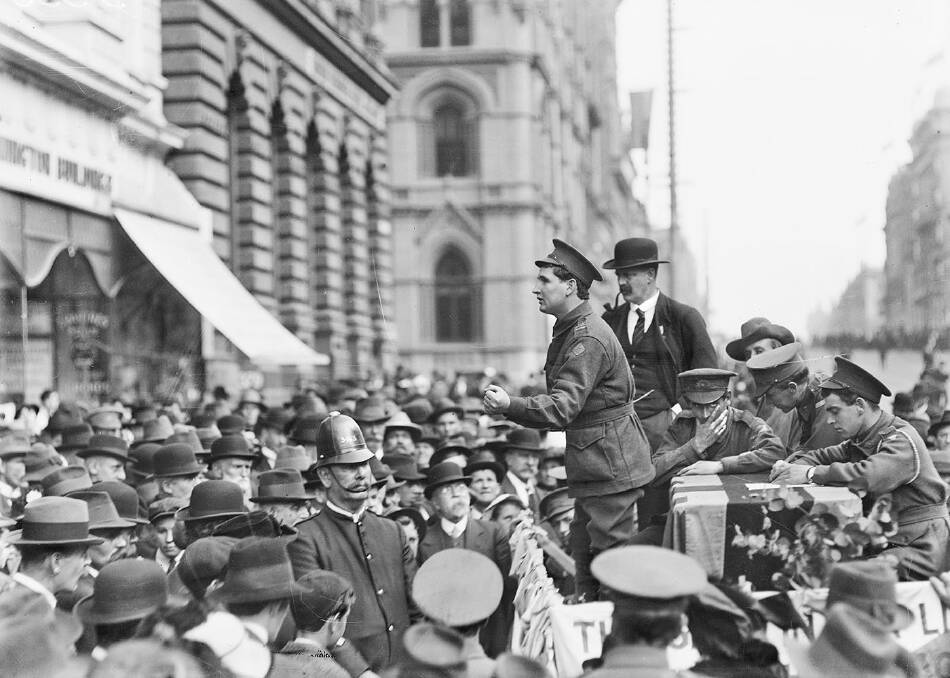 Divisive: A conscription rally in Melbourne during the First World War. The rallies were bitterly contested and some turned violent. Thanks to Anne Beggs Sunter for her assistance with this article.