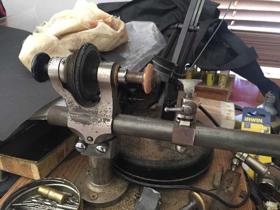 Fine work: A jeweller's lathe in Bill Wood's workshop. Watch parts were once handmade. Picture: Caleb Cluff.