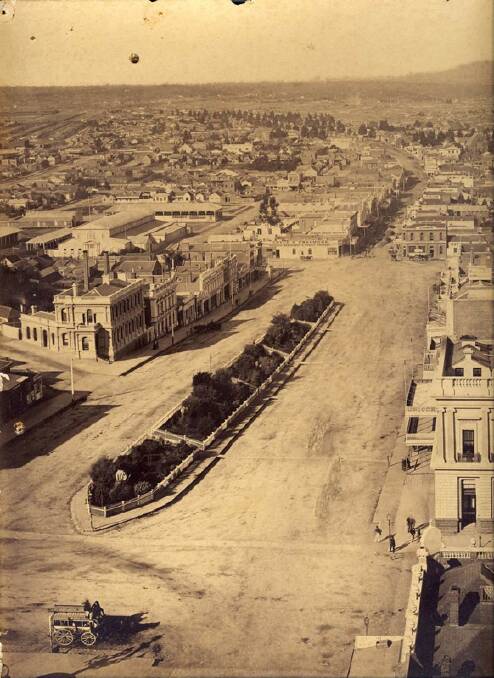 Left, the long view: An image presumably taken from the Town Hall clock tower showing a view down Sturt and Bridge streets.