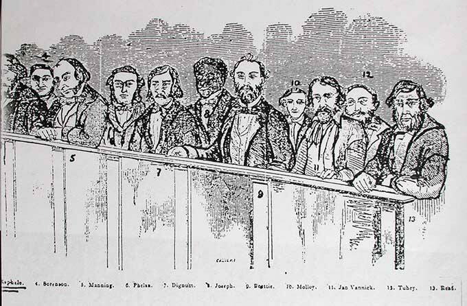 Accused: The 13 Eureka defendants were acquitted of the charges of treason in a short time, to public acclaim. Picture: State Library of victoria.