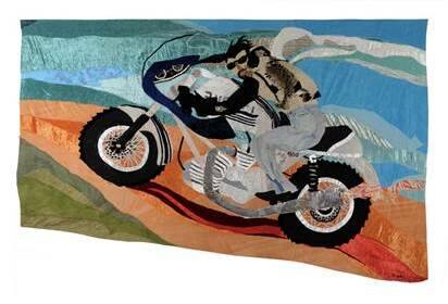 Vivienne PENGILLEY, Ducati Trip 1977 (detail): Hand-stitched applique wall hanging: velvet, denim, lame, chrome mylar, tulle, lace and other composites.