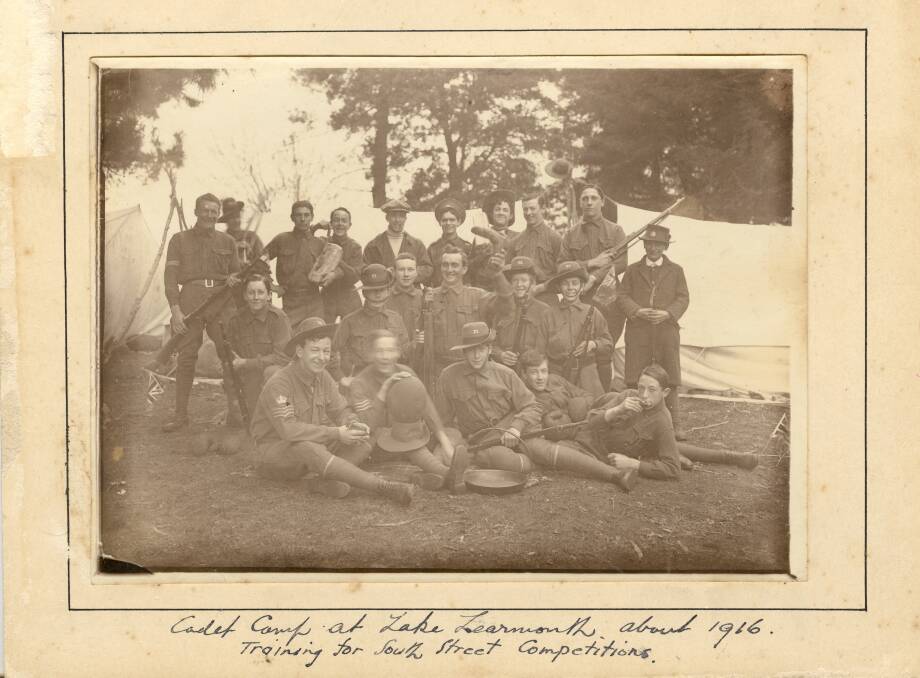 Ballarat School of Mines Cadets on a training camp at Lake Learmonth: Davis is blurred sitting at the front. Picture courtesy Fed Uni Historical Collection.