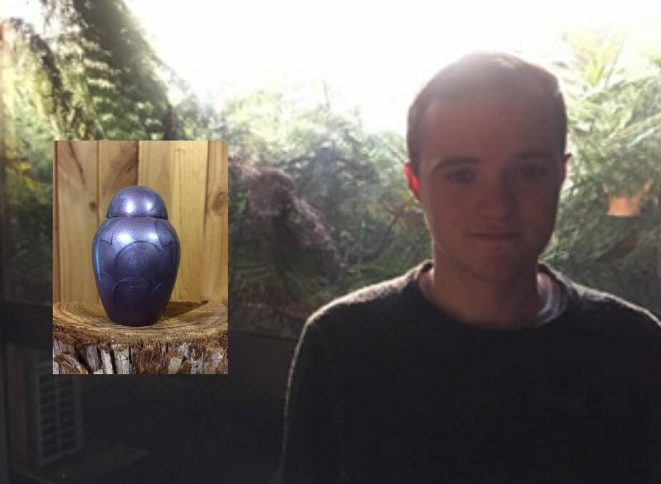 Heartless: Nick Huckfield and (inset) the vase containing his mother's ashes, stolen on Monday afternoon. Police are investigating the theft. Mr Huckfield has appealed for the urn to be returned. Picture: supplied.