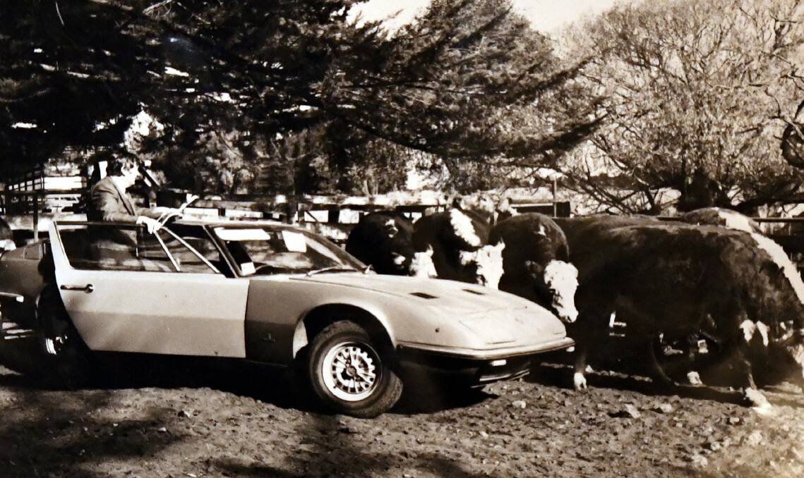 Not a LandRover: Murray Dyer with one of his Maseratis, checking potential steaks in the paddock. Picture: Dyers.