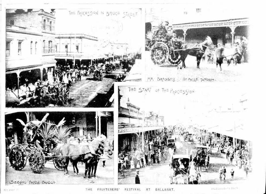 An image from 1897 showing the extent of the Fruiterer's Parade in Ballarat that year, with prize-winning buggies.