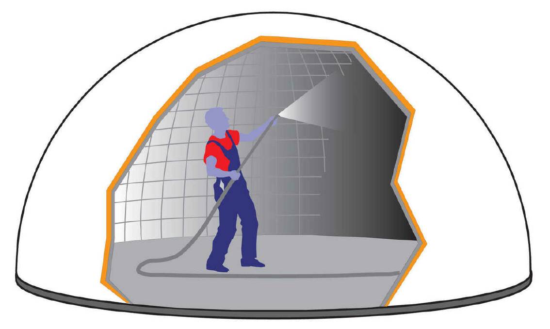 Shotcrete: Shotcrete – a special spray mix of concrete – is applied to the interior surface of the dome. The steel rebar is embedded in the concrete and when about 10cm of shotcrete is applied, the Monolithic Dome is finished. The blower fans are shut off after the concrete is set.  (David South Jr)