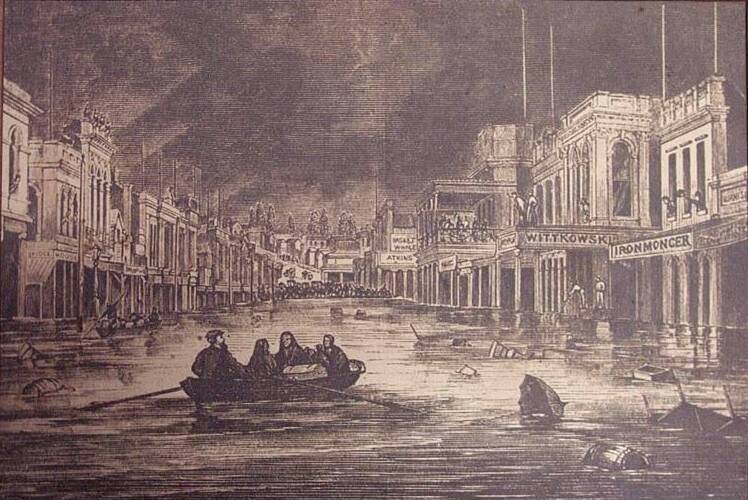 Flood-prone: Bridge Street underwater in 1867 or 1870. The street was prone to inundation as the Yarrowee runs under it.