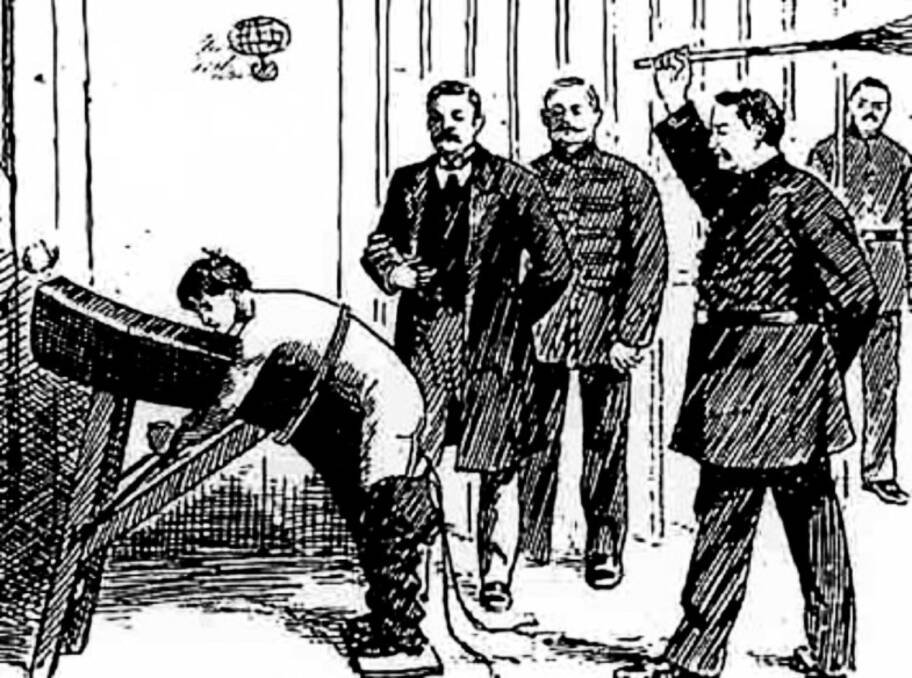 Youth discipline: A Police Life illustration of the method of 'birching' employed in the British Empire, although this image erroneously shows a cat being used, rather than a rod.