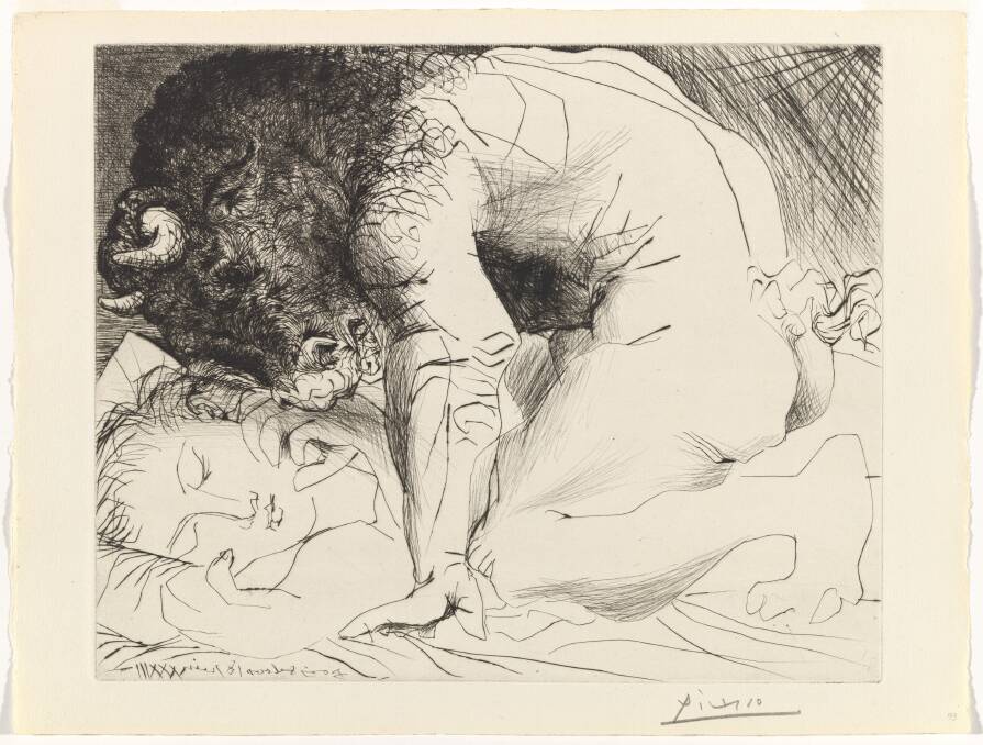 Minotaur caressing a sleeping woman: 18 June 1933, plate reworked probably at the end of 1934 from the Vollard Suite. Drypoint. National Gallery of Australia. ©Succession Picasso.
